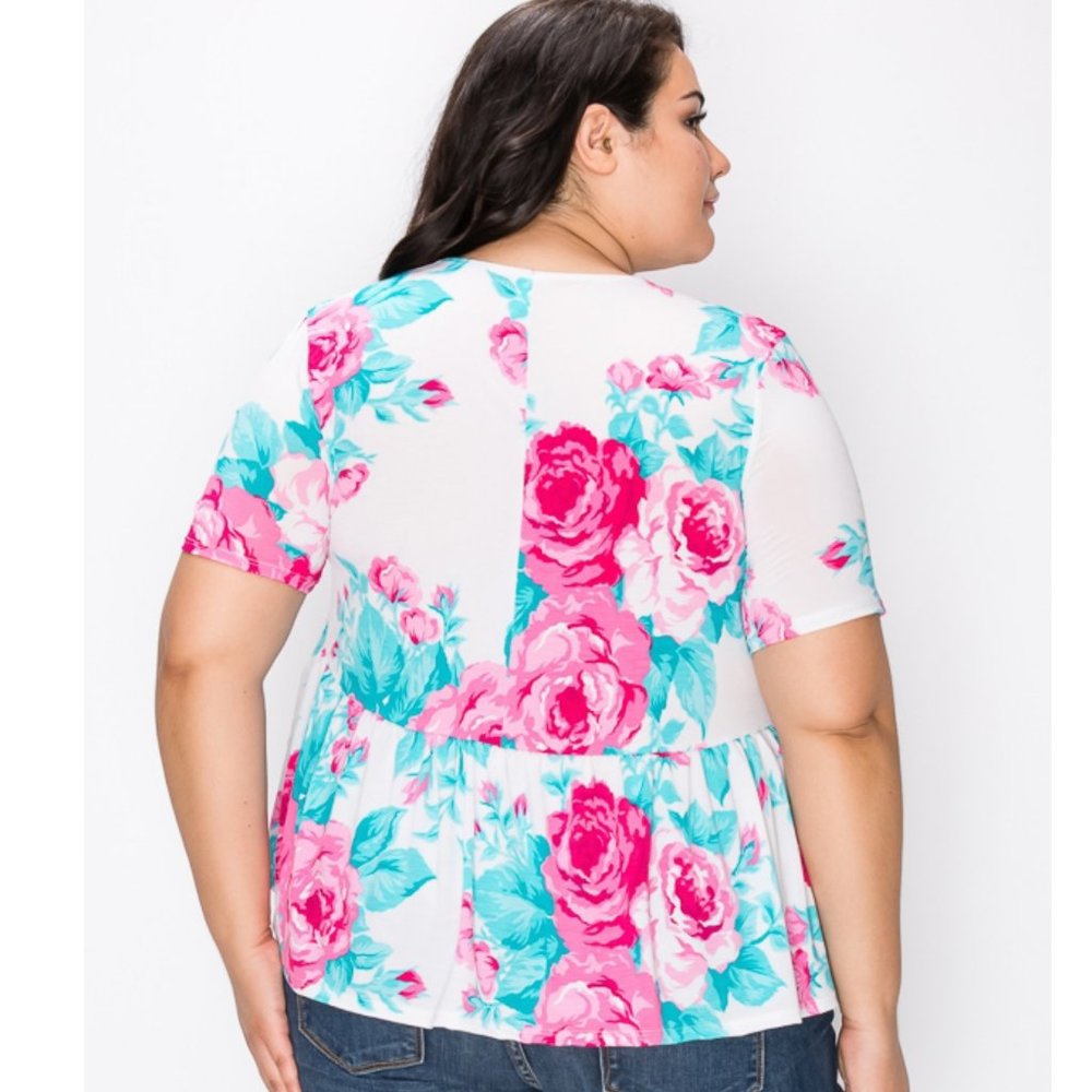 1x-3x Plus powder blue& pink frill hem tunic top - Picture 3 of 7